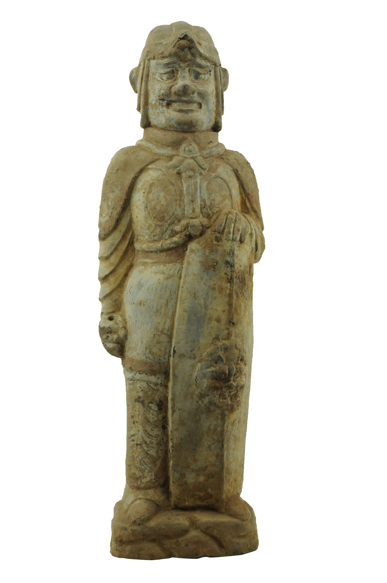 北齐灰陶按盾武士俑