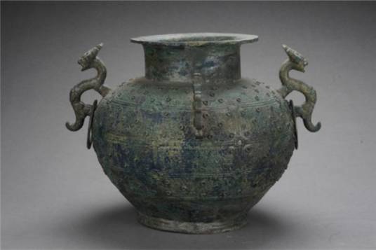 中国 唐銅 神獣遊環双耳瓶 M R7369F 灰釉双耳壺(漢代)