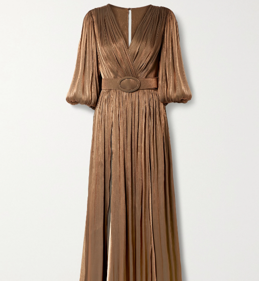 mira配腰带金属感细褶乔其纱礼服