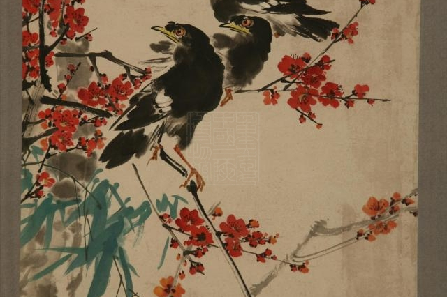 现代阎松父喜鹊梅花轴