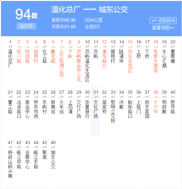  p>温州公交94路是一条公交车路线,汽车公司为温州交运集团城东公交.