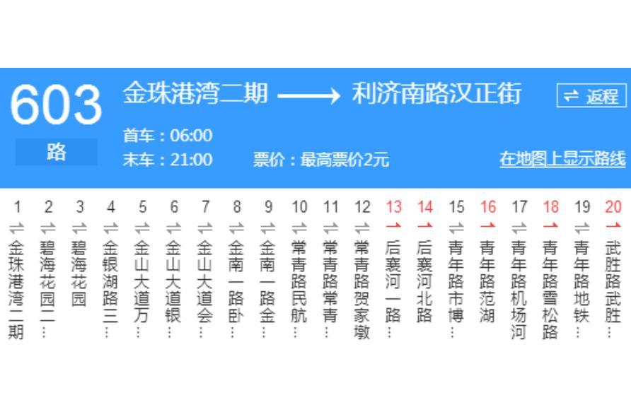 603路由武汉公交集团公交二公司运营,线路的运行区间是金珠路碧海花园