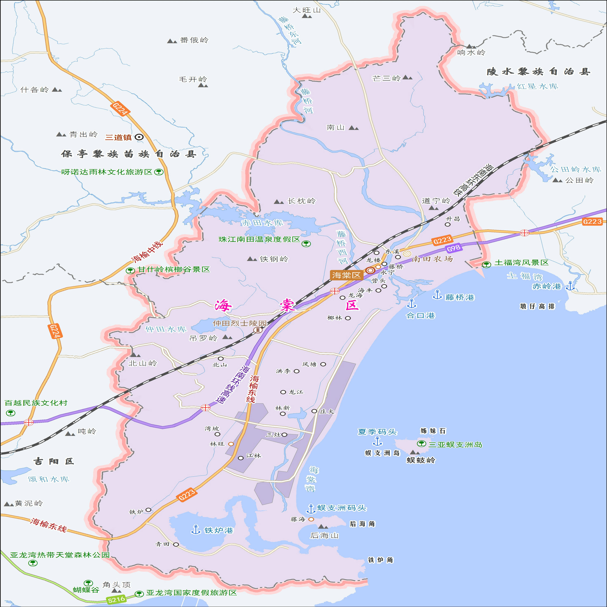 位于三亚市东部,介于北纬18°24′,东经108°之间,总面积