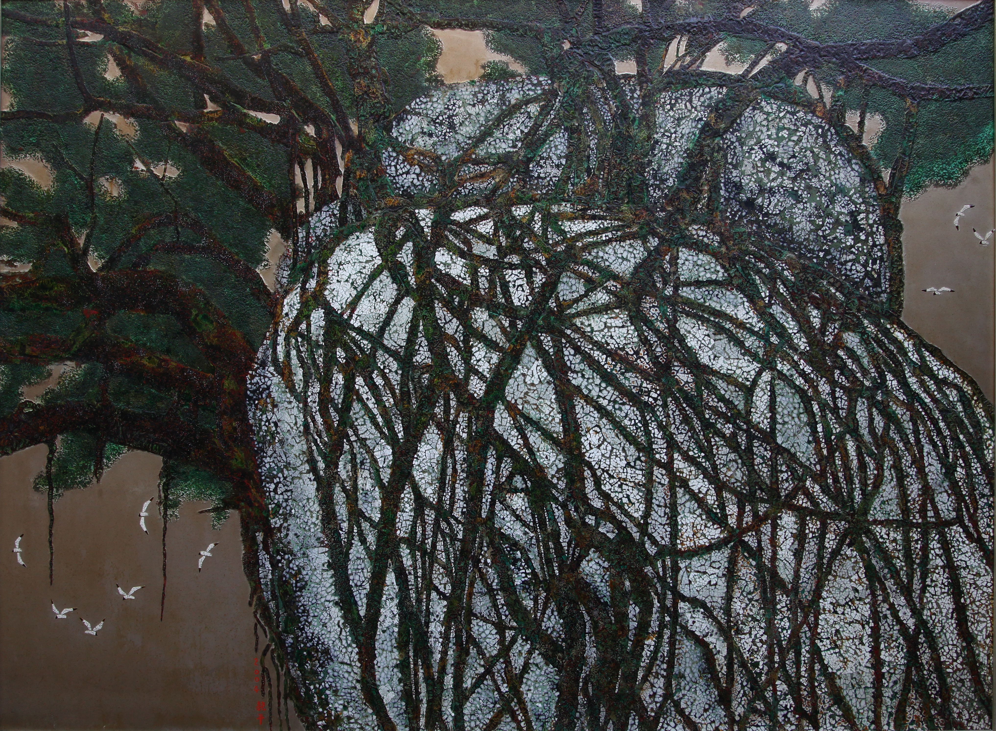 1988年拜漆画家乔十光先生为入室弟子宁保平拜师霍春阳,吴冠中学习