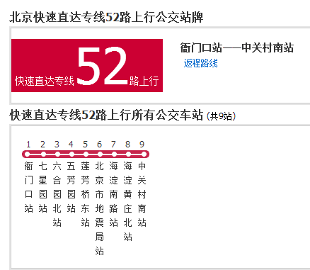 北京公交快速直达专线52路是北京市的公交线路,上行所有公交车站共