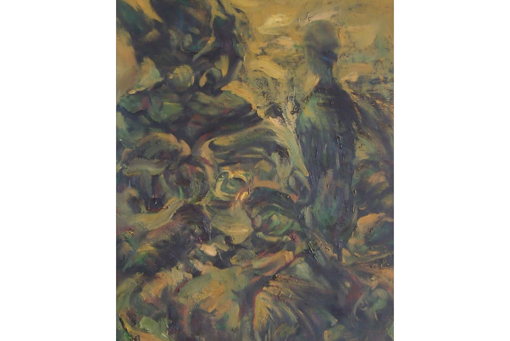 画面相对于同时期的油画作品《行路者》更具有表现主义倾向,色彩更为