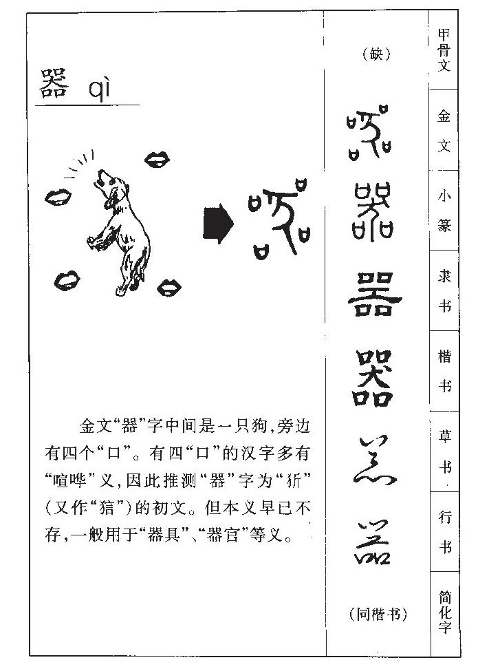  p data-id="u0cv9eocjpey">器,汉语一级字,读作qi,其本意为器具.