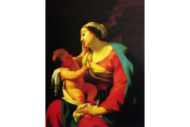  p>这幅描写圣母与圣子的油画,以夸张的手法表现人物的情态,强调画面