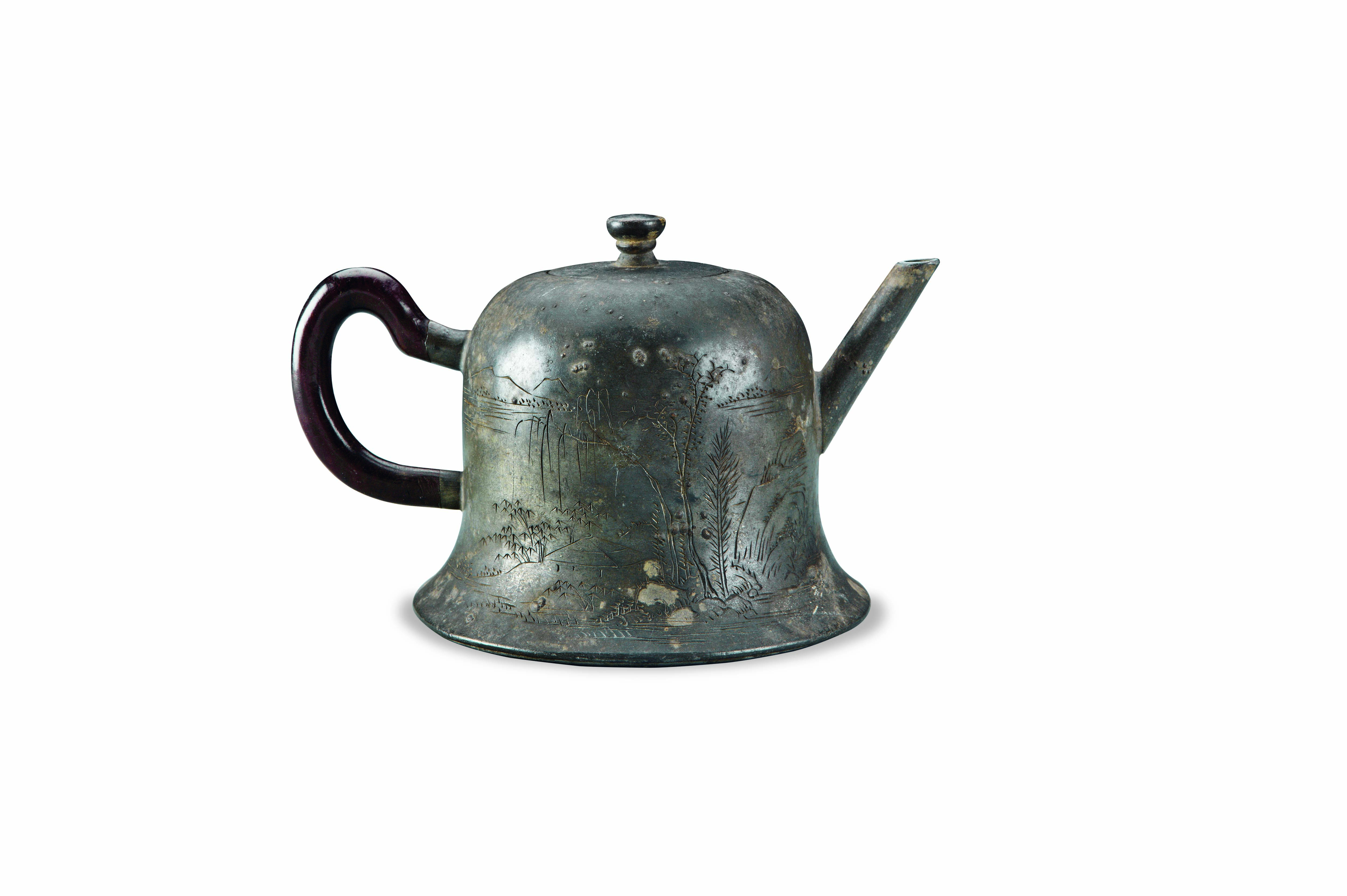 民国锡刻山水图壶"肇城高兴""贺锡""净水"款