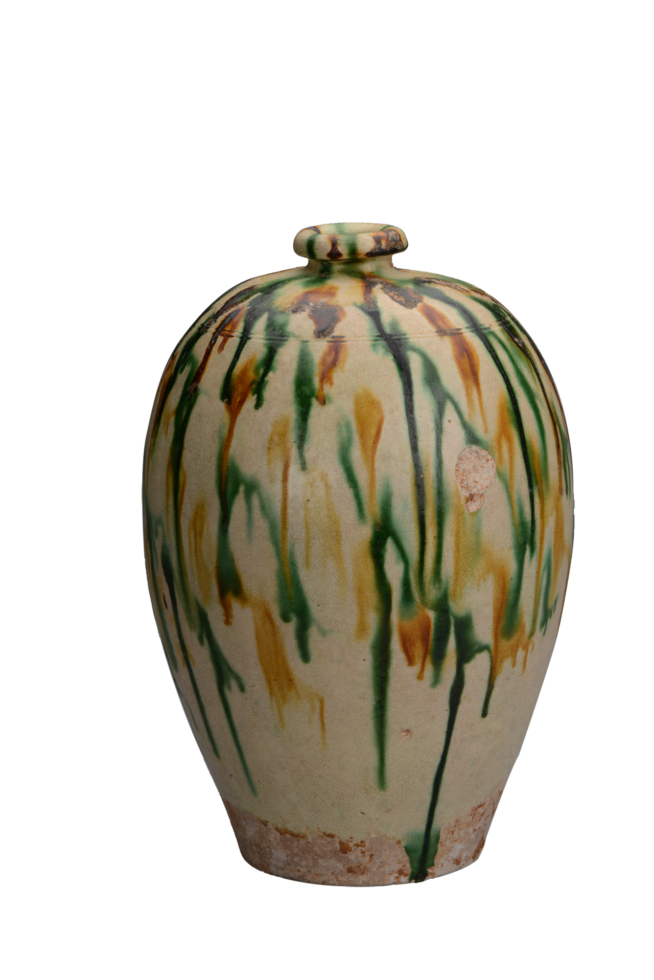 唐代三彩梅瓶的造型雍容博大,丰满圆浑,色彩华丽,流淌自然.