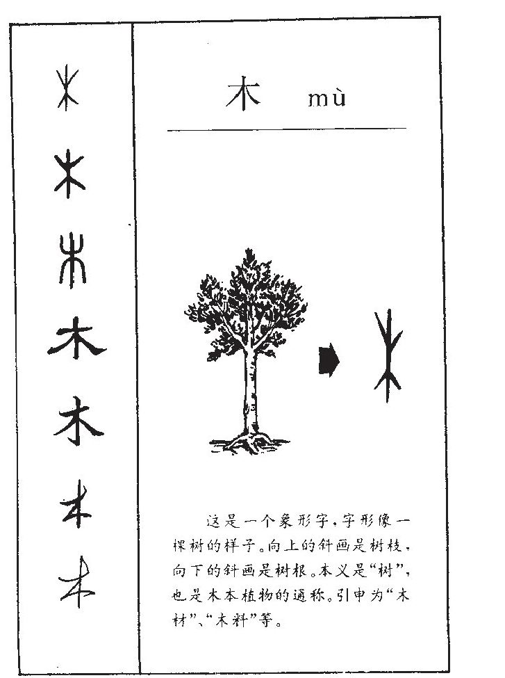 mù),汉语一级通用规范汉字,此字始见于商代甲骨文,其古字形像树木,上