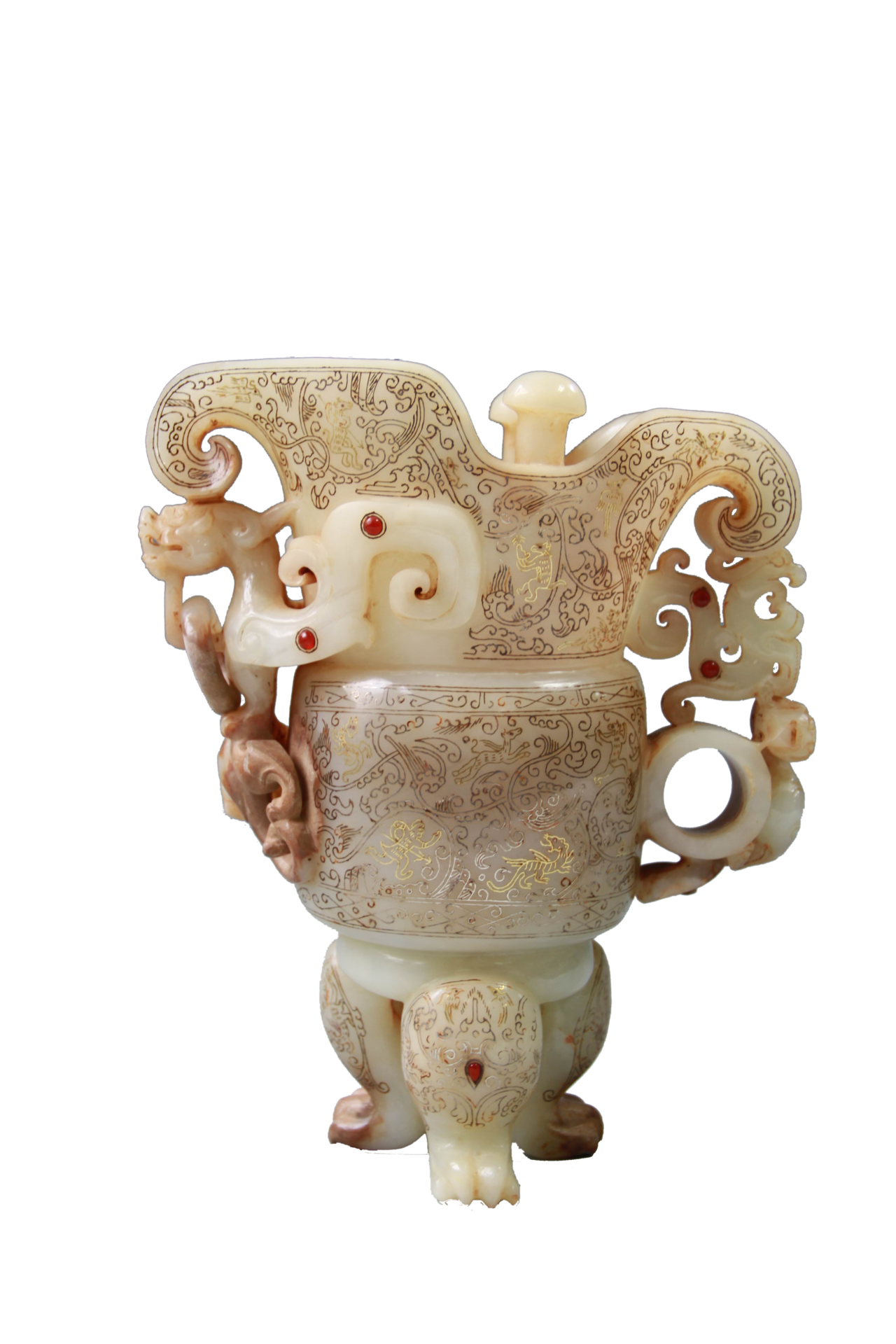 战国错金银镶宝石和田白玉雄定天下爵