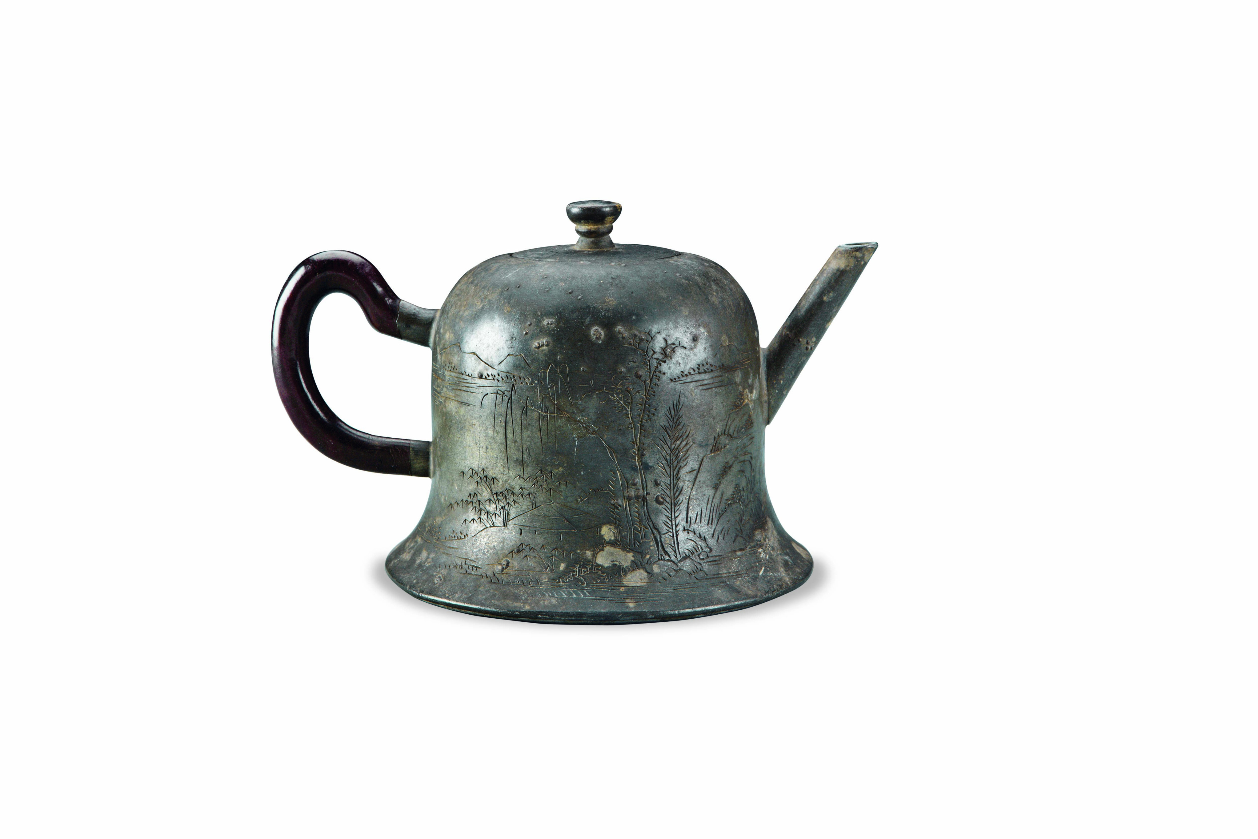 民国锡刻山水图壶"肇城高兴""贺锡""净水"款