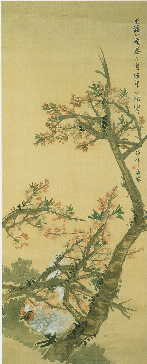 清任伯年桃花白鸡图
