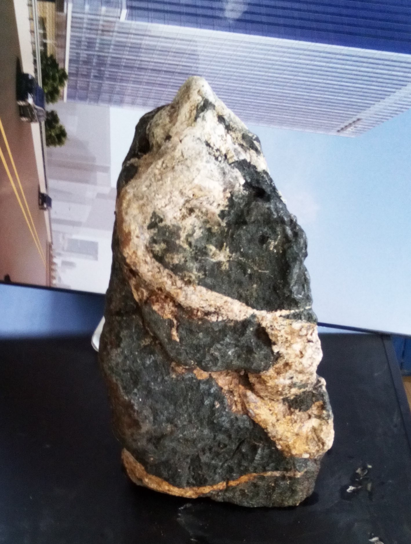 墨绿及青绿墨绿与白色闪长石条纹相间或包裹的形态