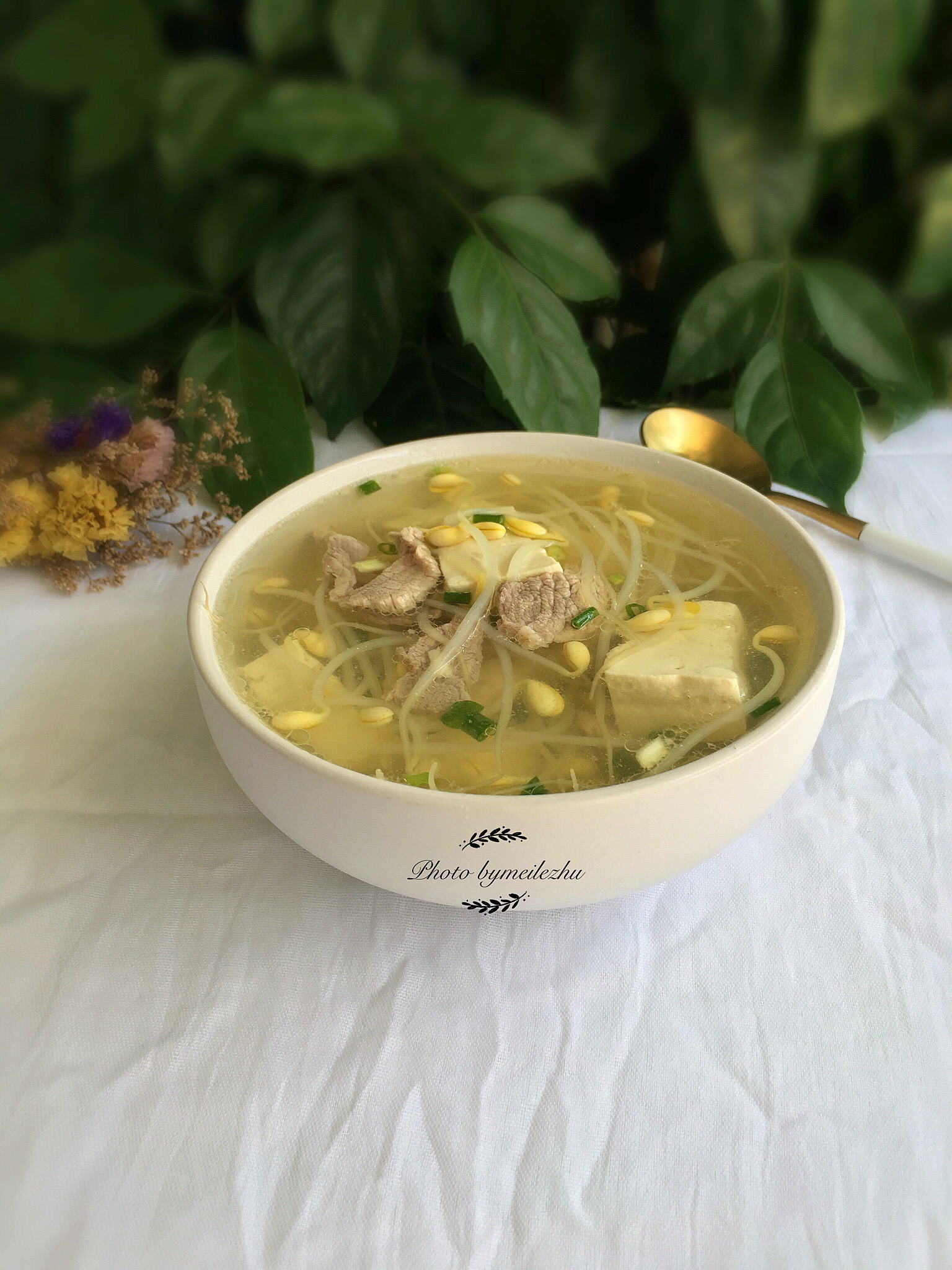 豆芽肉片豆腐汤