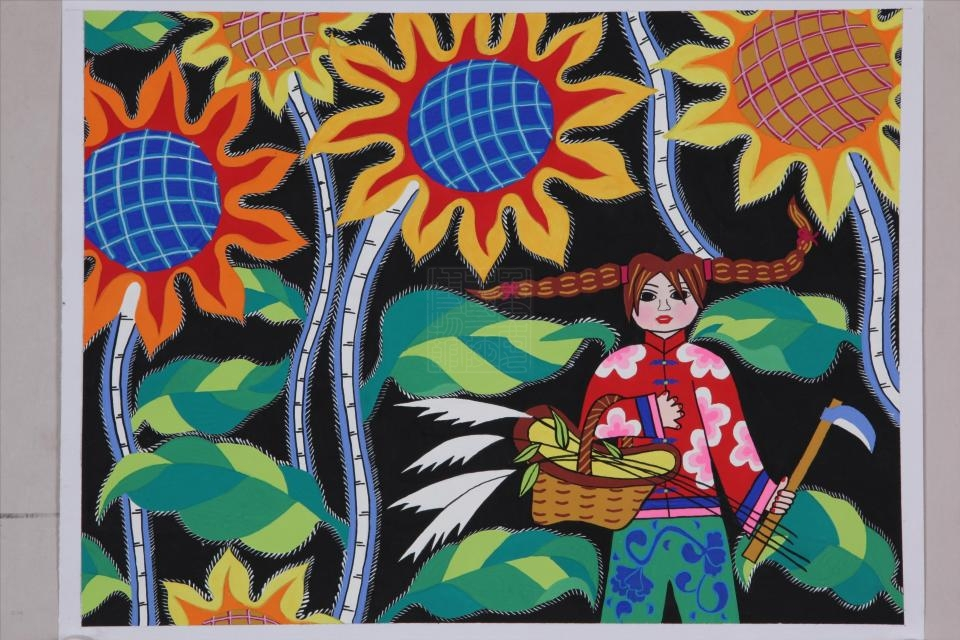 现代贾平作挖野菜版画