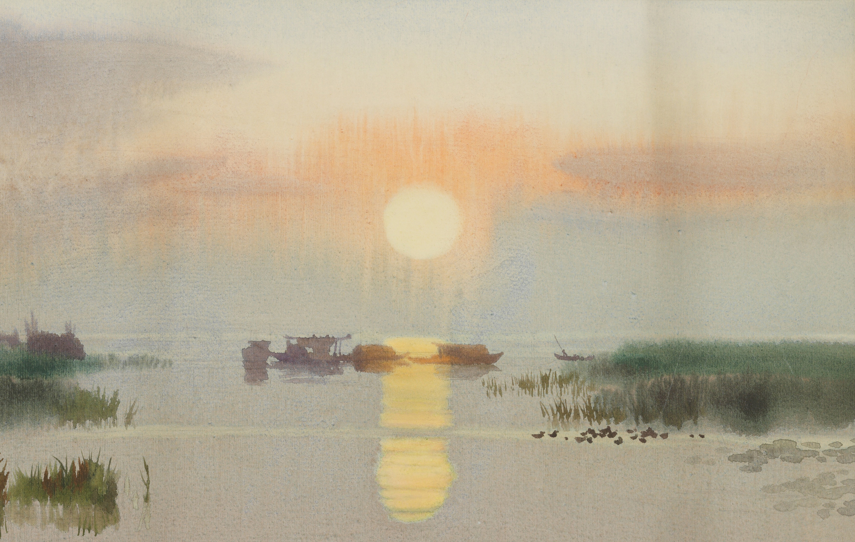 是白统绪1985年在洪湖创作的水彩写生作品,描绘了洪湖朝阳升起时的