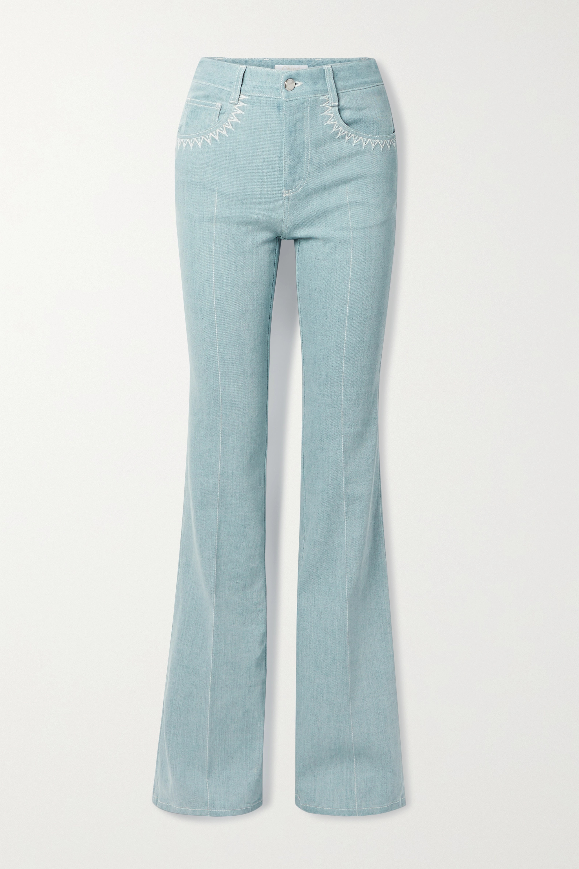 刺绣高腰喇叭牛仔裤