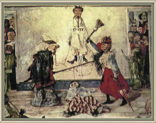  p>《骷髅争夺上吊尸体》是一幅油画,作者是恩索尔. /p>