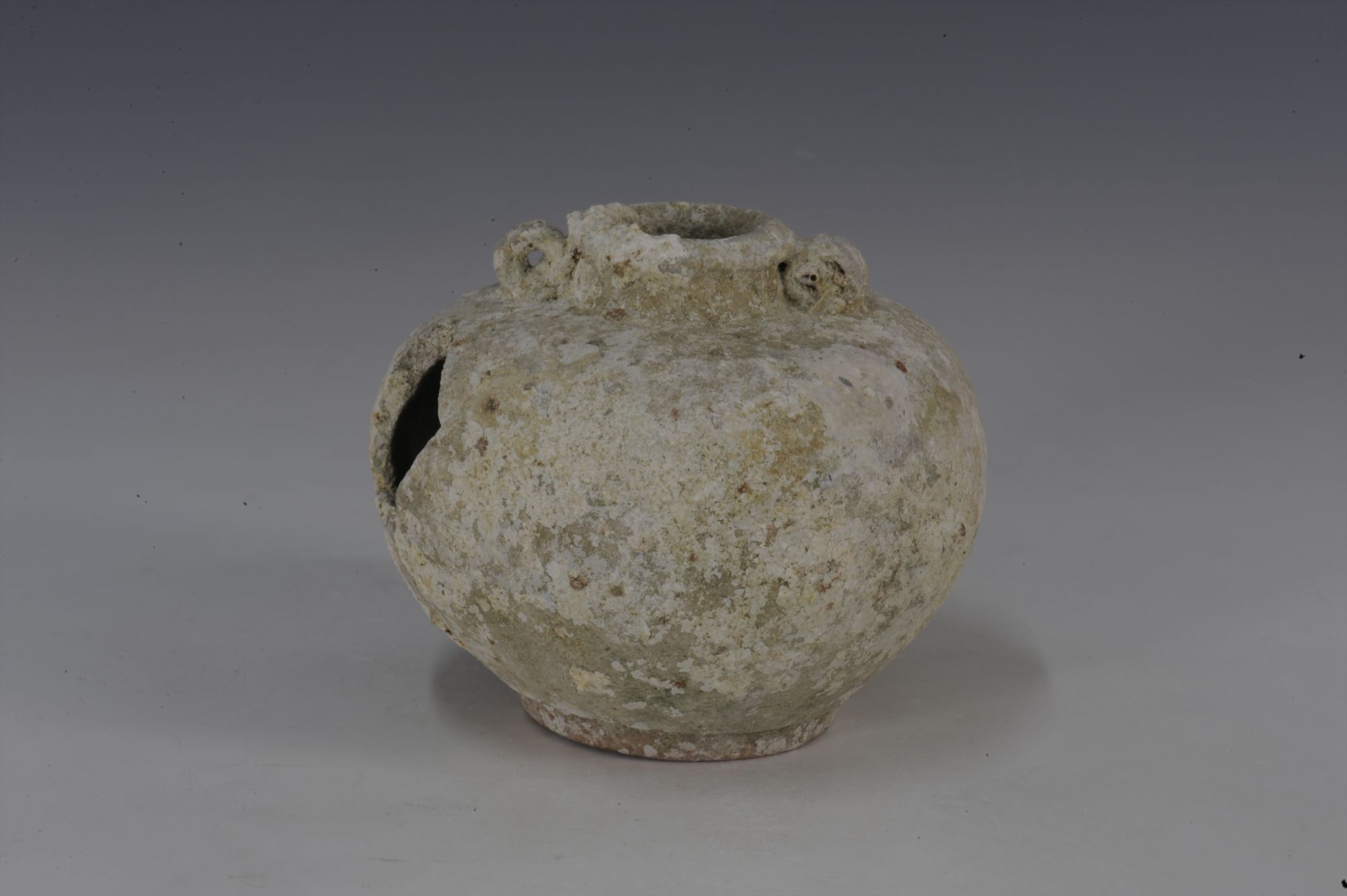 元代青釉莲瓣纹双耳罐