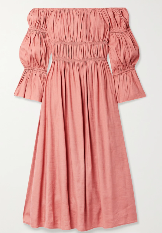 stella露肩褶饰亚麻混纺中长连衣裙