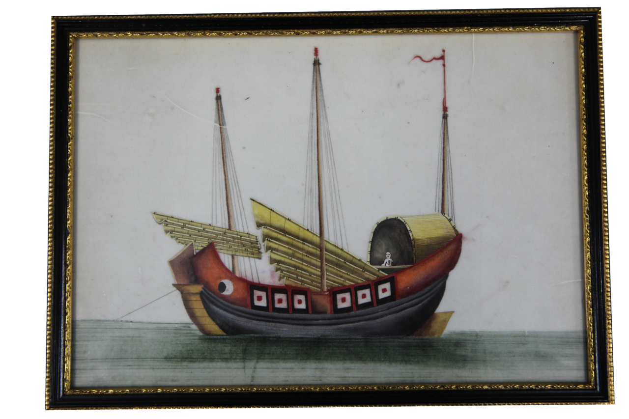 清通草纸画帆船图