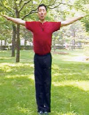 身体先挺直站立,收下颌,挺胸收腹,两腿直立,两脚尖朝前,双手侧平举,像