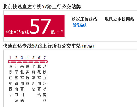  p>北京公交快速直达专线57路是北京市的一条公交线路,上行所有公交