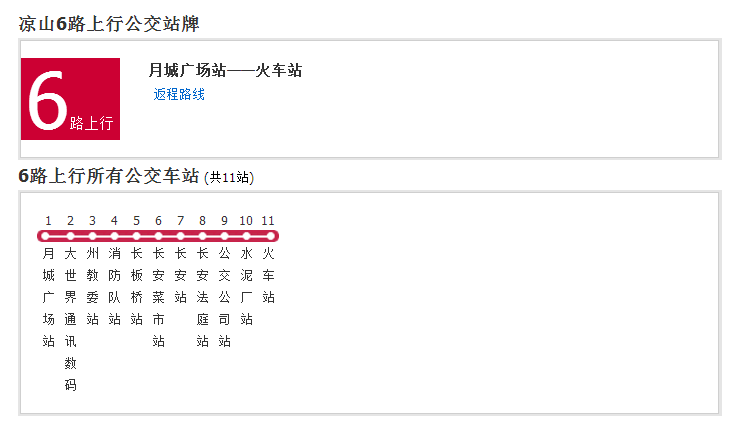  p>凉山公交6路是一条公交车线路,全程共有11站. /p>