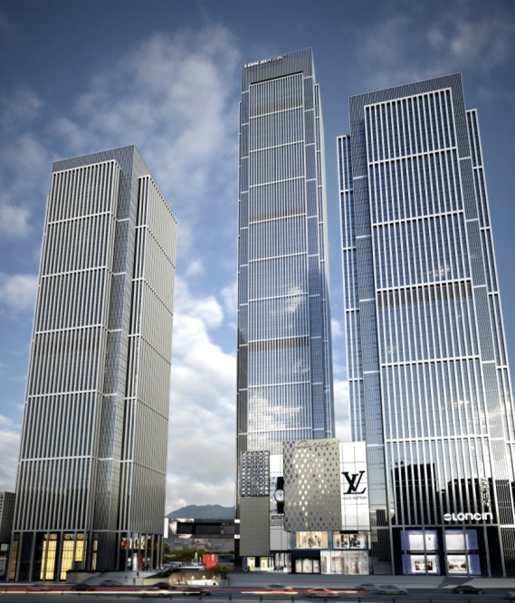 项目总建筑面积约38万平方米,由三栋塔楼和商业裙楼组成,含7.