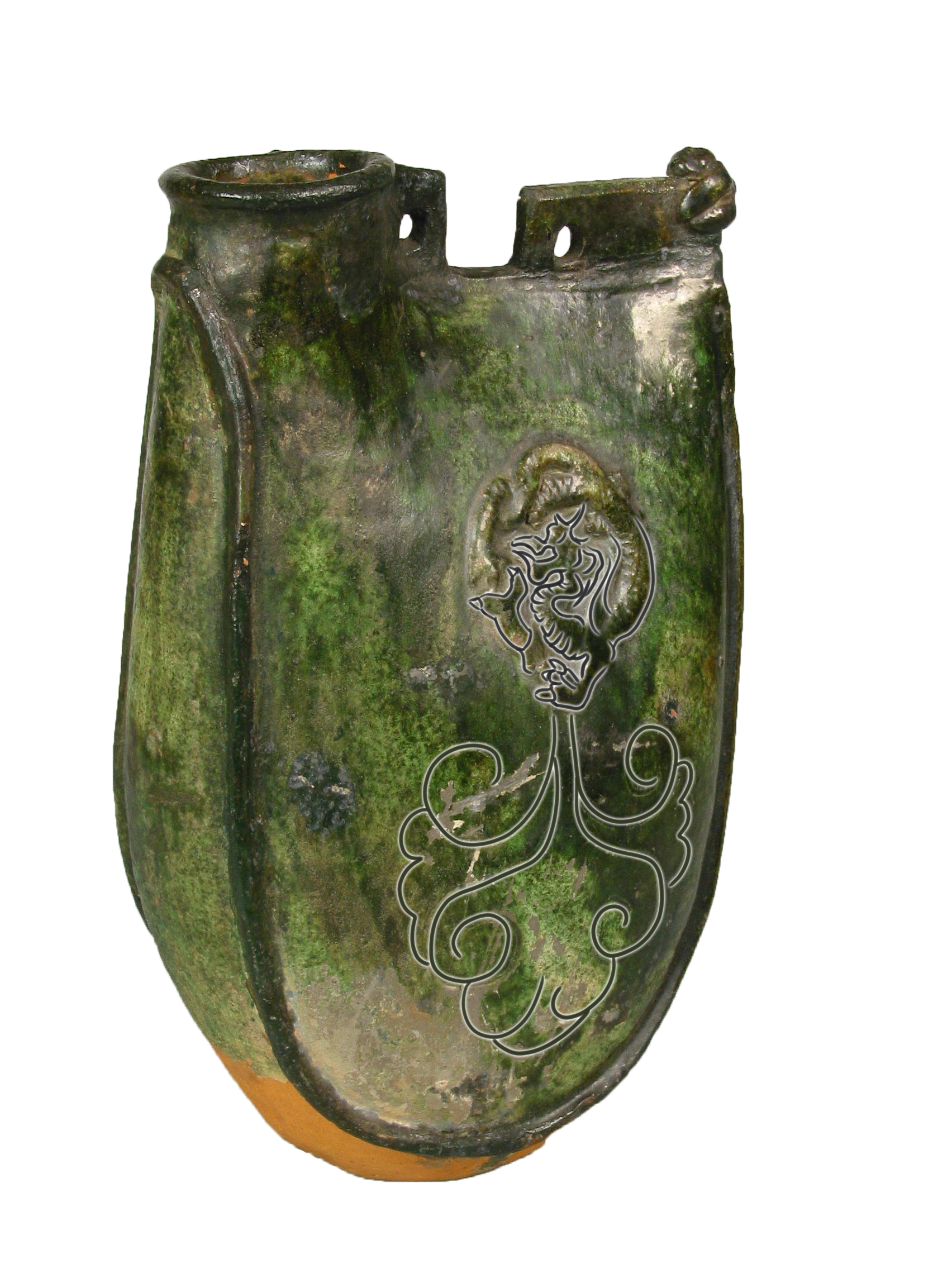 "ts2sg3kebo9a">辽绿釉贴团龙菊花纹双孔鸡冠壶,是辽宁省博物馆藏文物