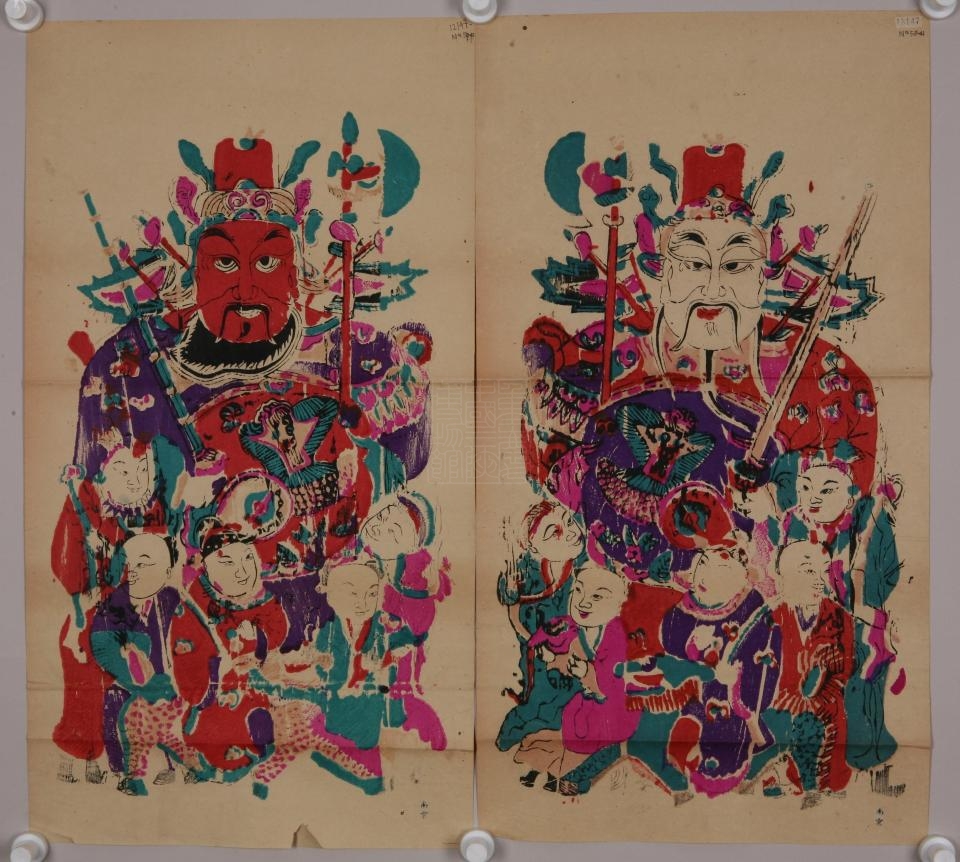 民国苏州桃花坞立斧持鞭锏五子门神年画