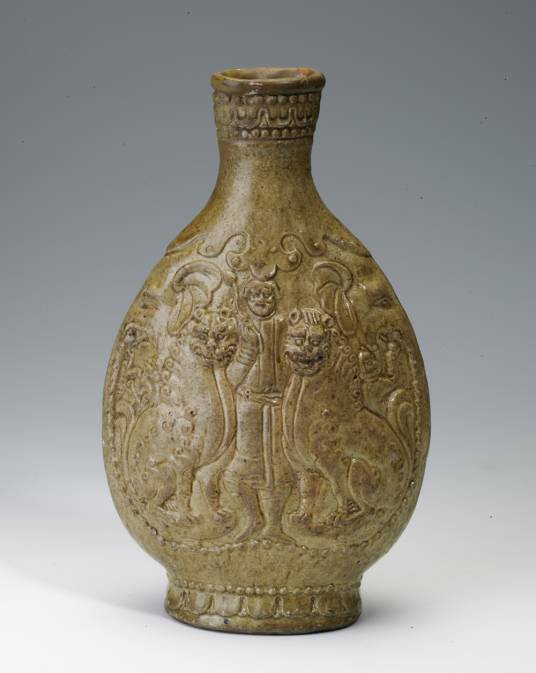 中国 清時代獅子紋天字小壺 北齐青釉人物狮子扁壶_百度百科