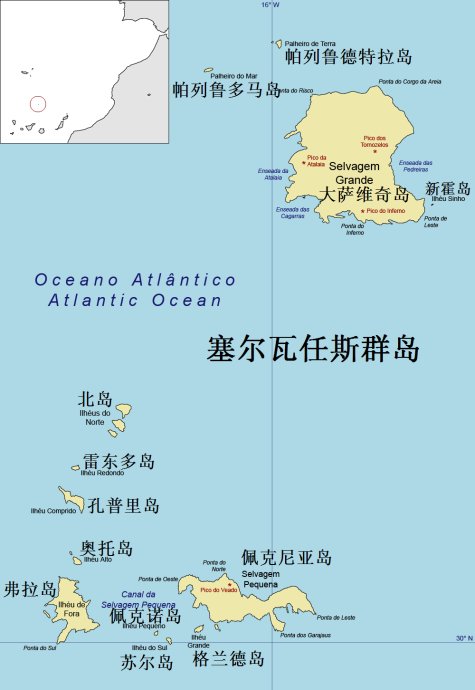 属葡萄牙的马德拉群岛管辖,位于30°04′n 15°56′w,在马德拉岛以南