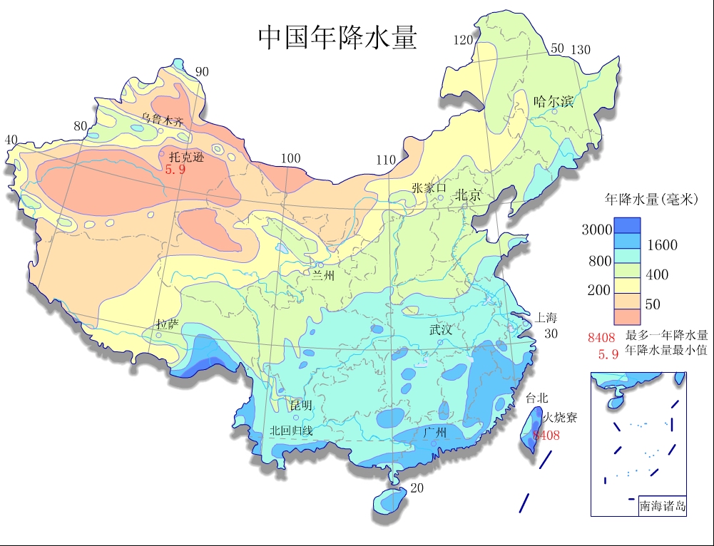 有800mm,400mm,200mm等降水量线在地图上,将同一时间里降水量相同的各