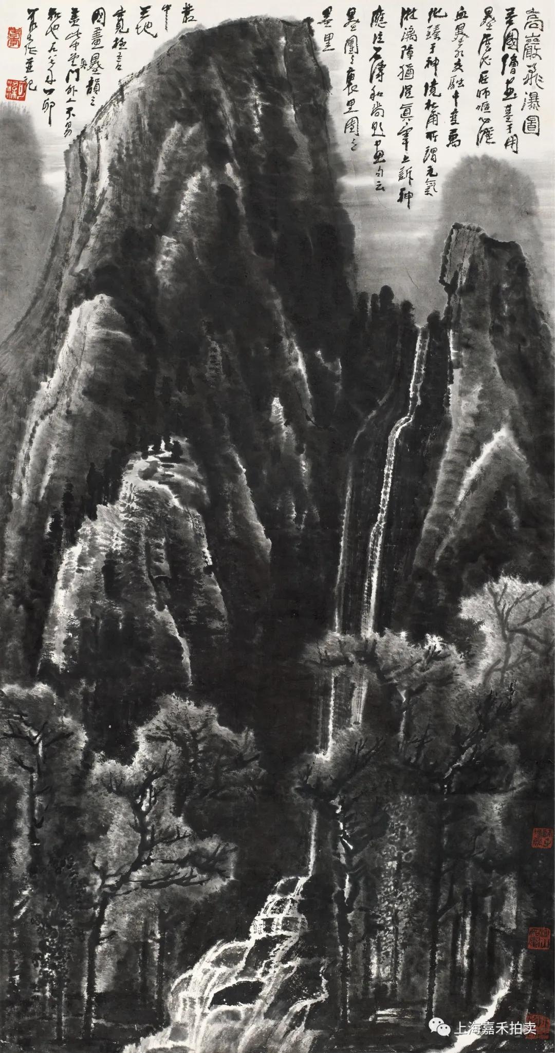 嘉禾十年｜墨天神境信笔挥洒-李可染重墨山水《高岩飞瀑图》_百科TA说