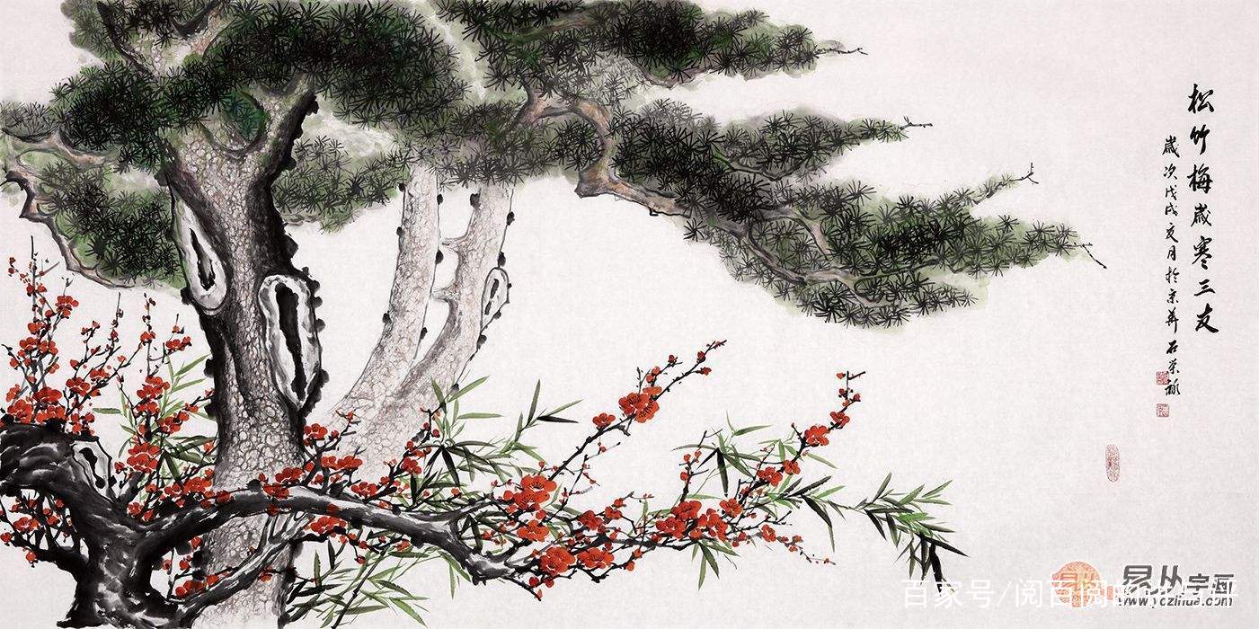 No6200 掛軸 在銘 福林 歳寒三友図 紙本 唐物 松竹梅 墨彩画 送料無料