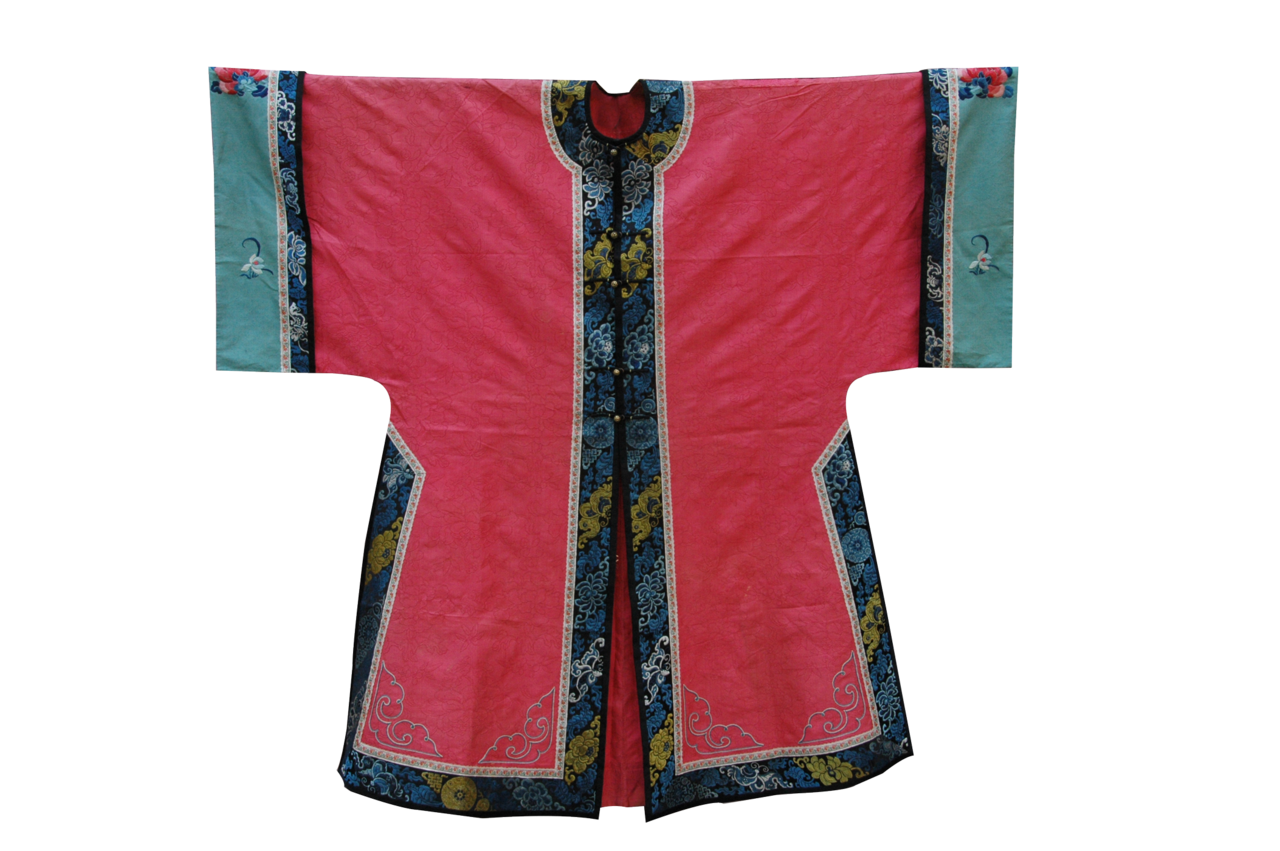 清代桃红芝麻纱对襟女袍