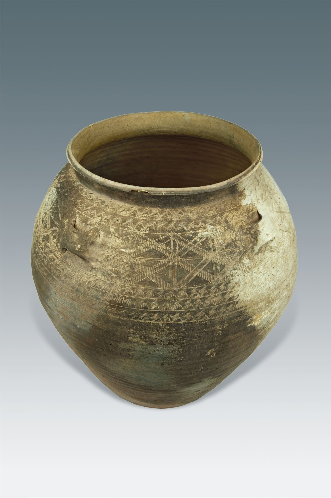 汉代米字纹四系陶罐