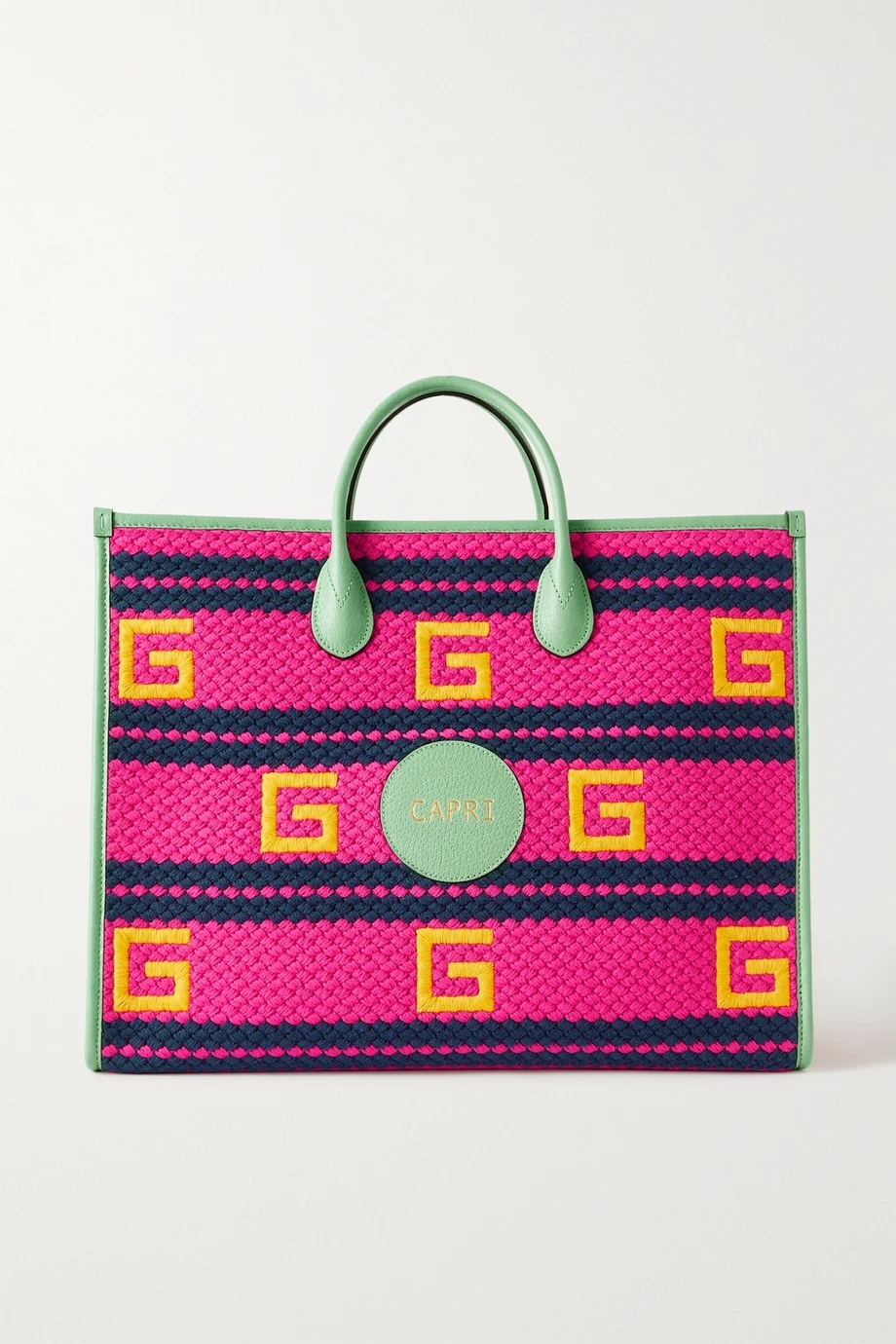  p>capri皮革边饰刺绣绳结编织手提包是gucci品牌旗下的一款产品. /p>