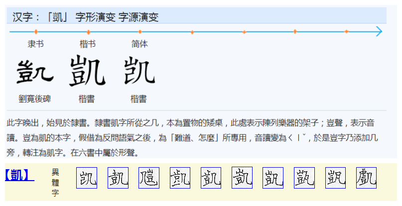 p data-id="gnx0n45nlx">凯(kǎi)是一个汉语汉字,部首为几,部外笔画