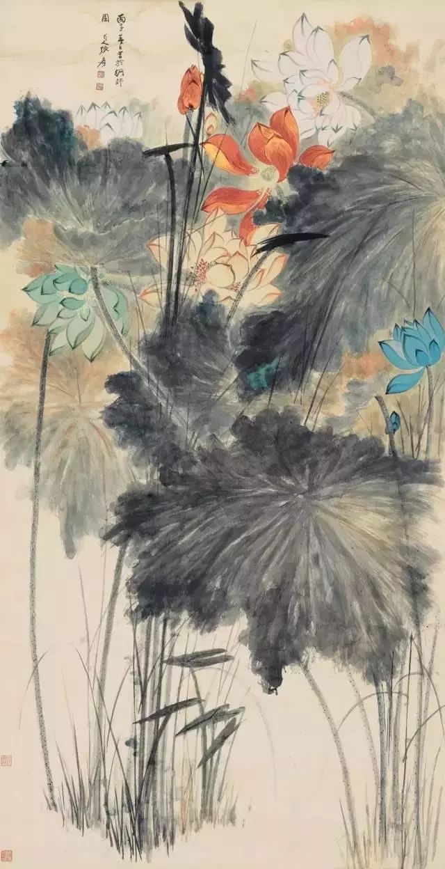 張大千 五色荷花図 三尺中堂 掛け軸 中国画 花鳥画 张大千荷花，惊艳世界！_百科TA说