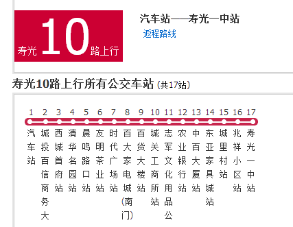  p>寿光公交10路是潍坊寿光10路上行公交线路的站点,起点站首末车时间