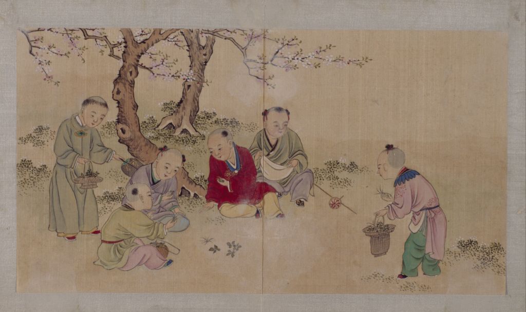  p>《婴戏图册之斗草图》是清代佚名创作的绢本设色画. /p>