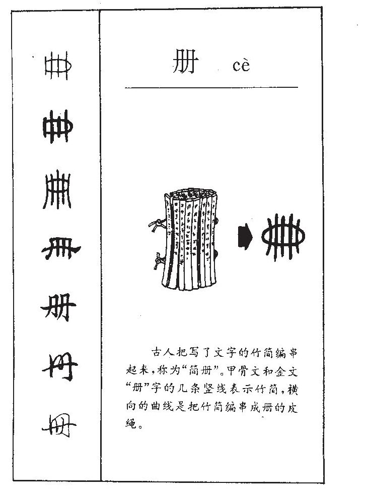 此字初文见于商代甲骨文,古字形像中有两道绳编的简册,本义是指书简.