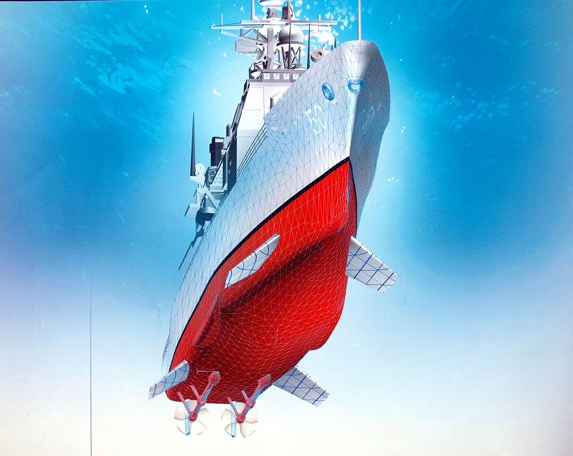 通过操纵机构转动减摇鳍,使水流在上产生作用力,从而