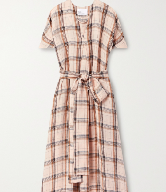 rosetta 配腰带格纹亚麻中长连衣裙是lisa marie  fernandez品牌