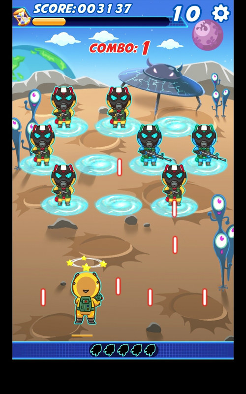 《欧米的射击大战》是一款射击游戏,角色会自动发射子弹,玩家仅需操控