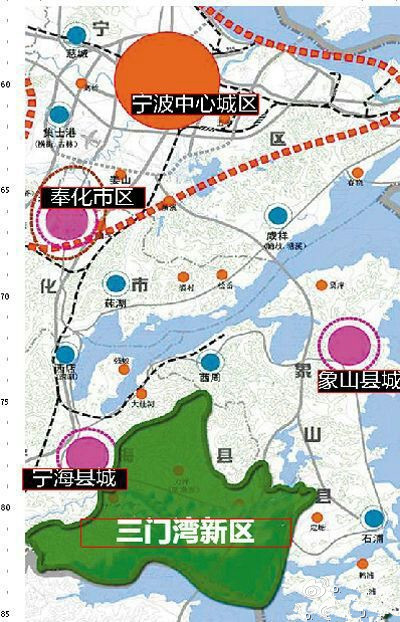 宁波三门湾新区包括宁海东部长街,胡陈,力洋,茶院,越溪,一市等6个乡镇